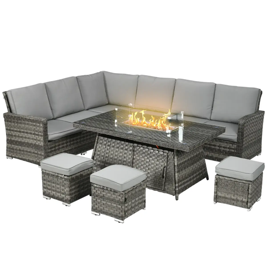 Outsunny 7 Pieces Rattan Garden Furniture Set w/ 50,000 BTU Gas Fire Pit Table by Outsunny