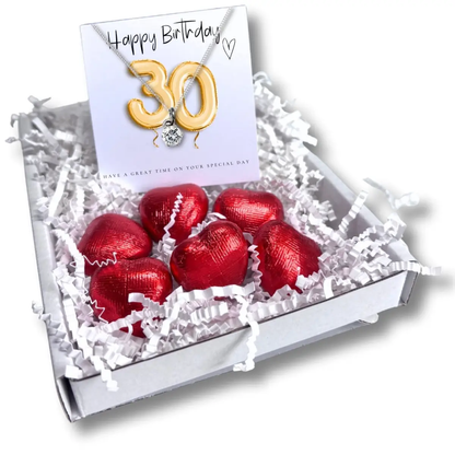 30th Birthday Cubic Zirconia Silver Necklace & Gold Balloons Mini Gift Hamper by Aye Do Gifts