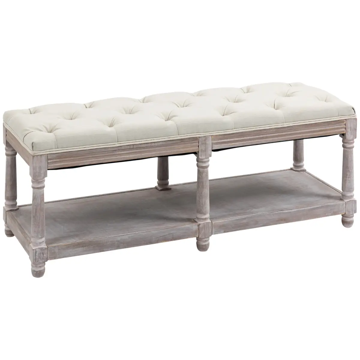 HOMCOM 2-Tier Bed End Bench, Vintage Stool Button Tufted Seat Cream White by Unbranded