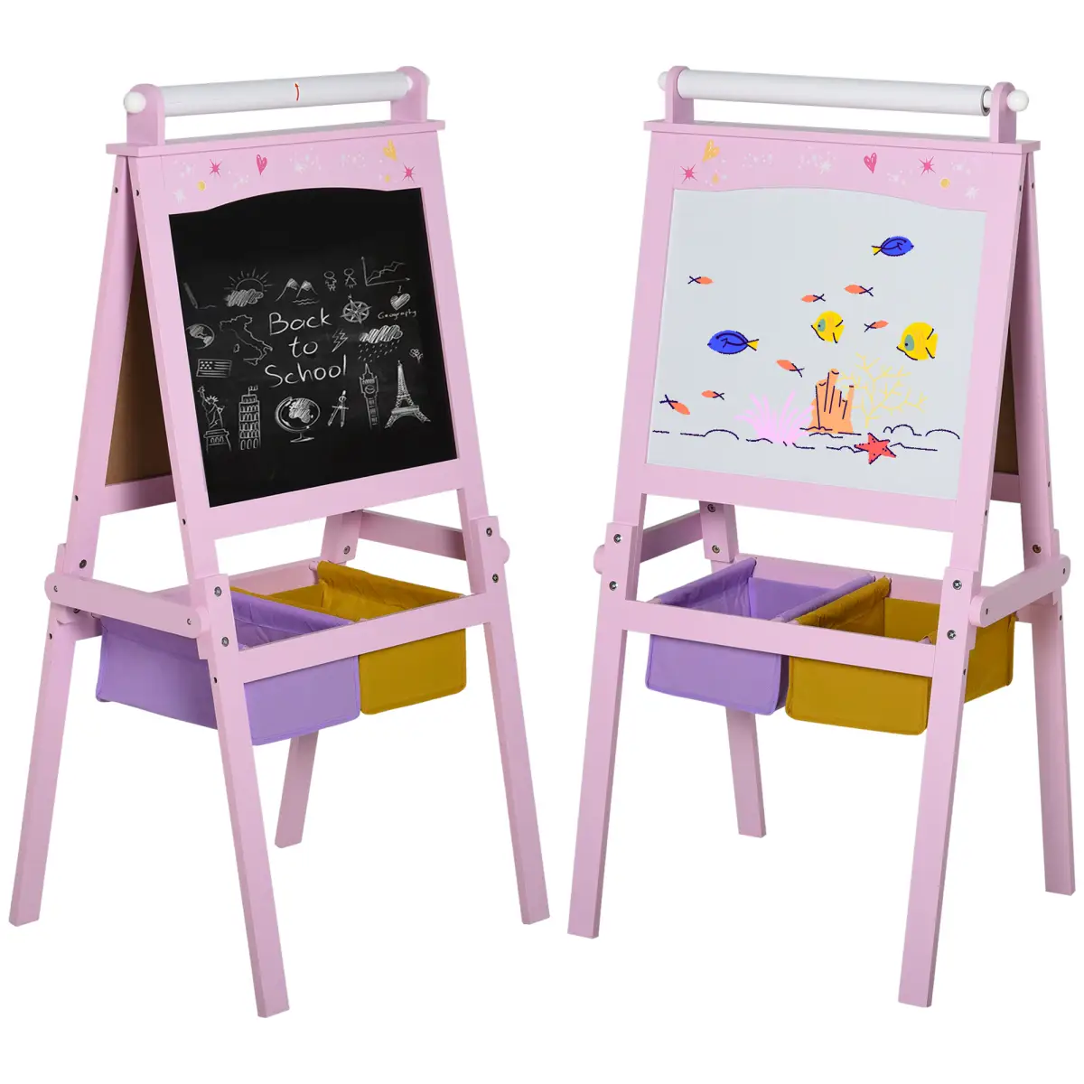 Kids Wooden Art Easel with Paper Roll Double-Sided Chalkboard, board HOMCOM by Unbranded