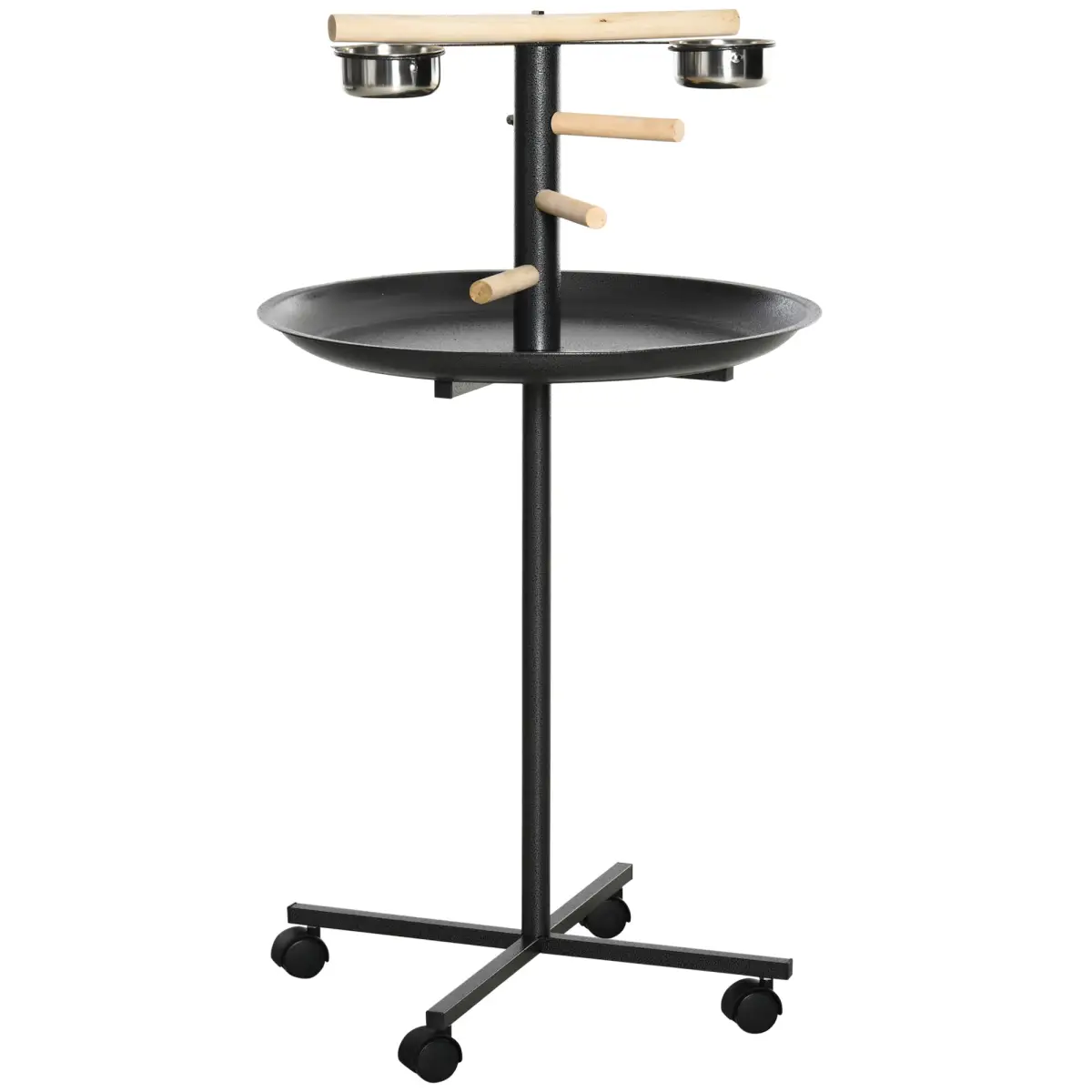 Bird Play Stand Portable Feeder Station w/ Wooden Perches, Stainless Steel Bowls by Pawhut