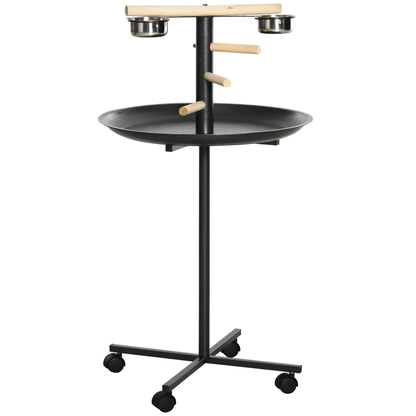 Bird Play Stand Portable Feeder Station w/ Wooden Perches, Stainless Steel Bowls by Pawhut