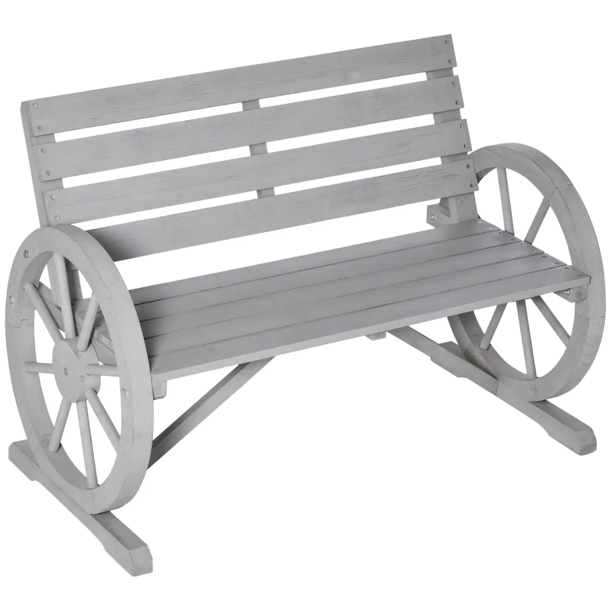 2 Seater Bench Armrest Chair & Wooden Cart Wagon Wheel Rustic High Back Grey by Outsunny