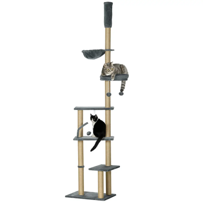 6-Tier Floor to Ceiling Cat Tree with Scratching Post, Bed, Hammock, Grey by PawHut