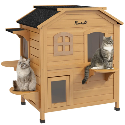 Wooden Cat House Cat Cave Pet Shelter Condos Outdoor Natural Wood Finish by PawHut