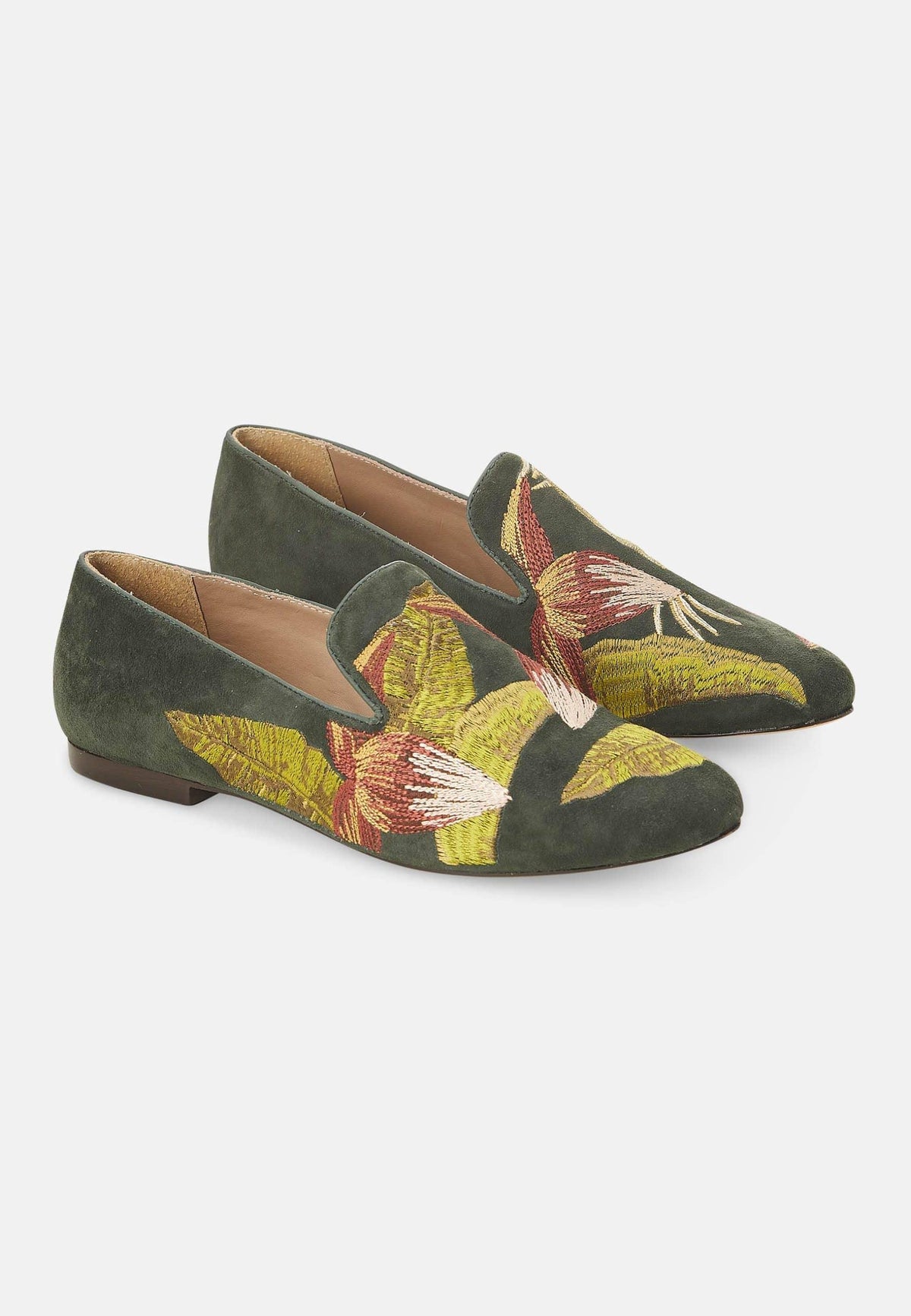 Green Suede Embroidered Loafers Women's Flats