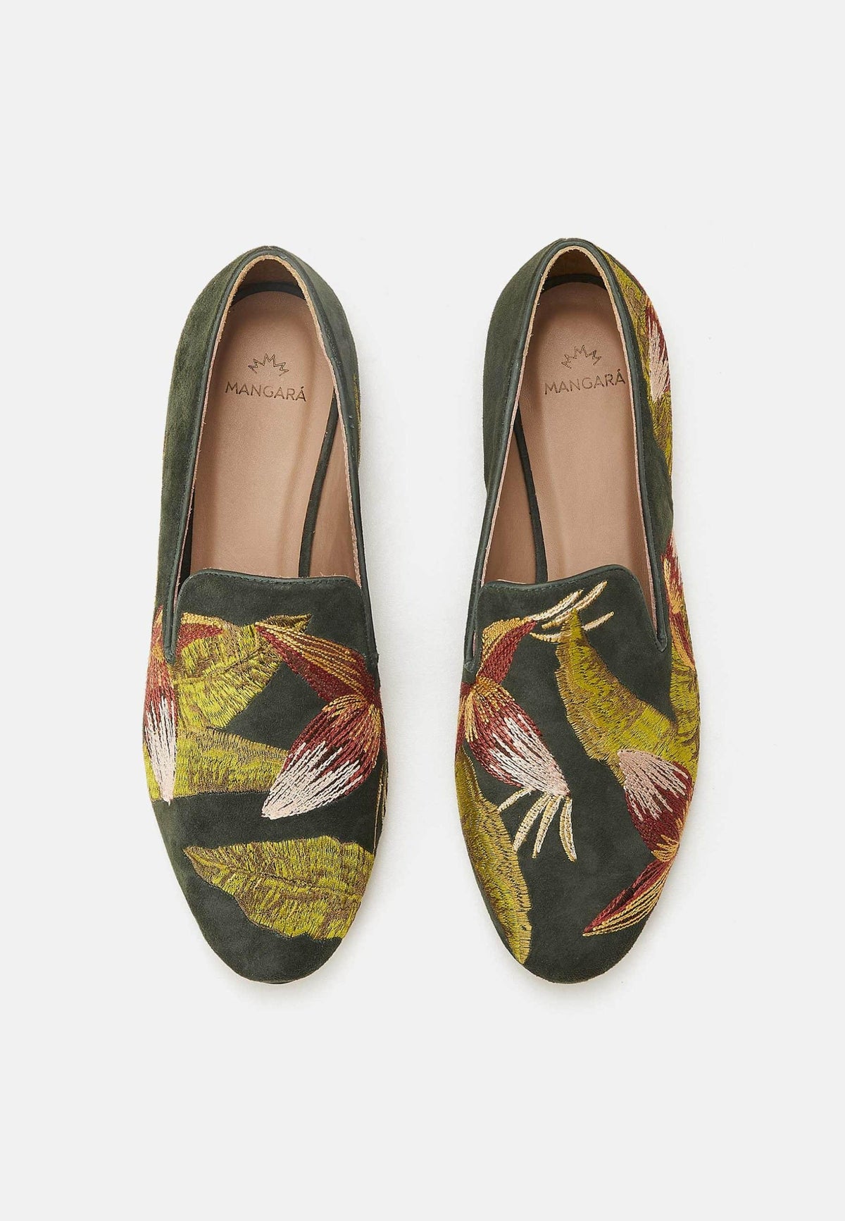Green Suede Embroidered Loafers Women's Flats