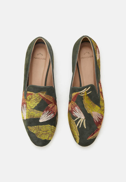Green Suede Embroidered Loafers Women's Flats