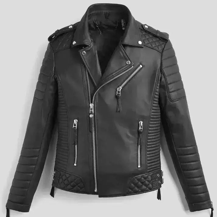 Mens Black Quilted Biker Leather Jacket by Riders Republic UK