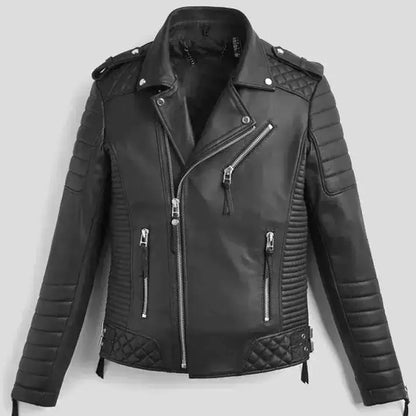 Mens Black Quilted Biker Leather Jacket by Riders Republic UK