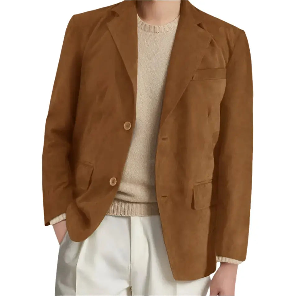 Mens Camel Brown Suede Leather Blazer