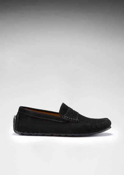 Tyre Sole Penny Driving Loafers, black suede by Hugs & Co.