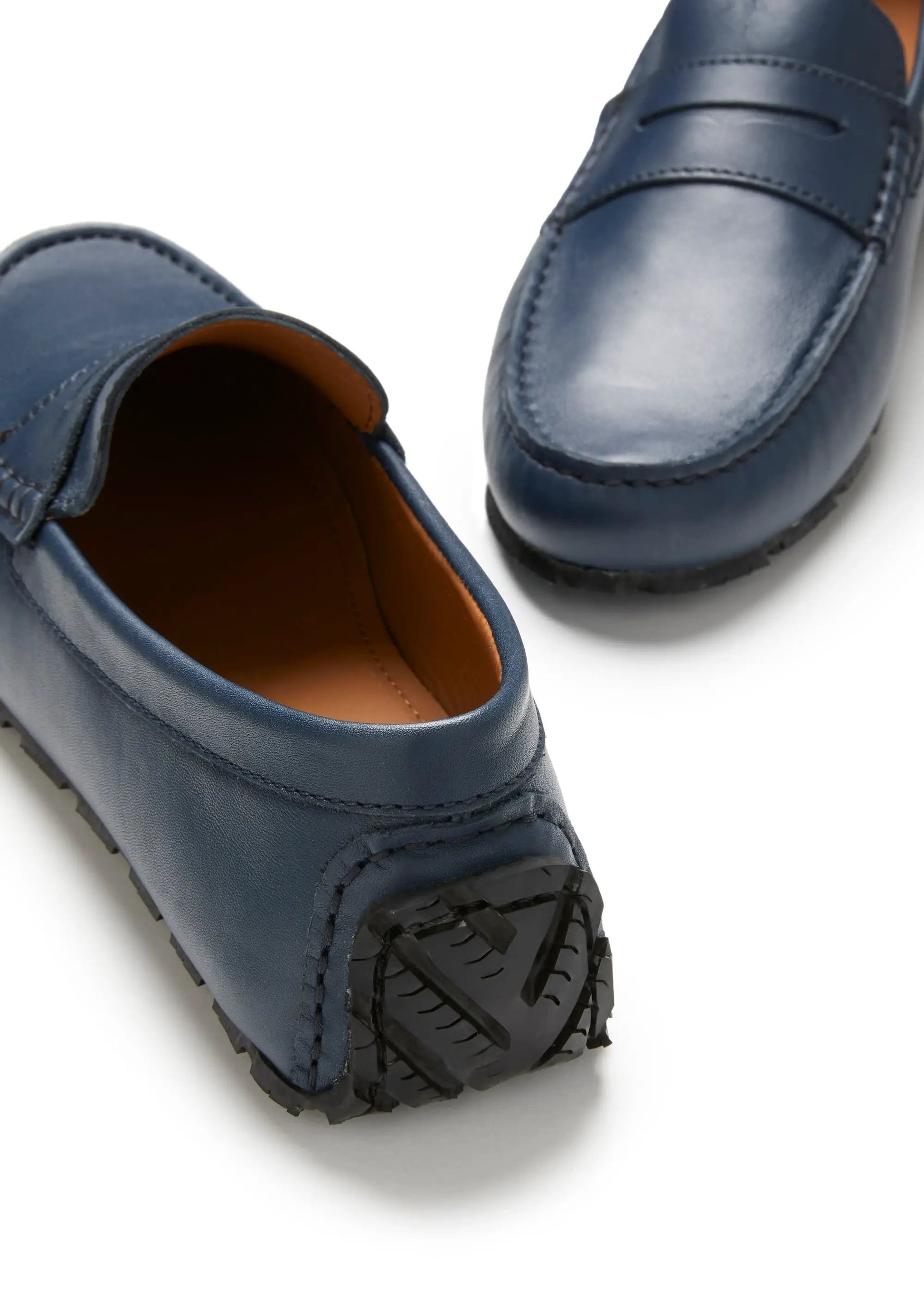 Tyre Sole Penny Driving Loafers, french navy leather by Hugs & Co.