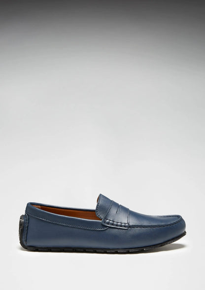 Tyre Sole Penny Driving Loafers, french navy leather by Hugs & Co.