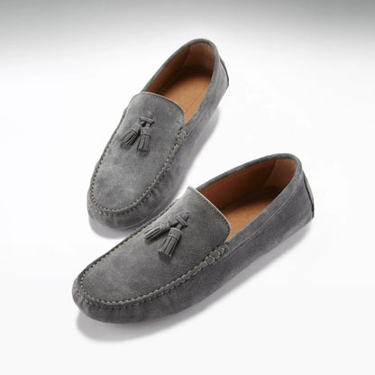 Tasselled Driving Loafers, slate grey suede by Hugs & Co.