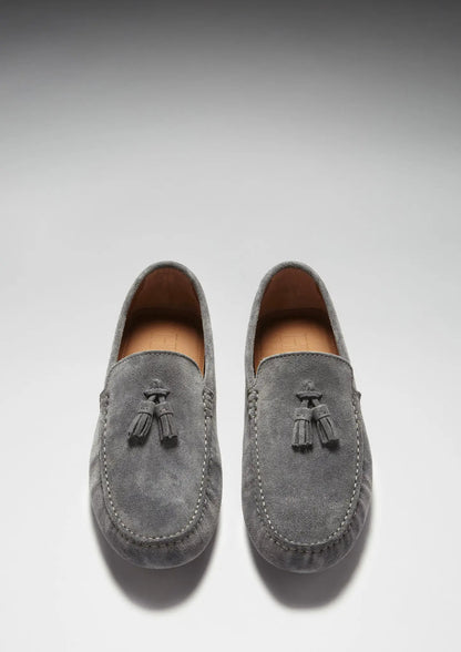 Tasselled Driving Loafers, slate grey suede by Hugs & Co.
