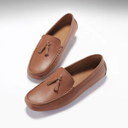 Tasselled Driving Loafers, tan grain leather by Hugs & Co.