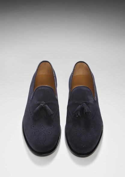 Navy Blue Suede Tasselled Brogues, Welted Leather Sole by Hugs & Co.