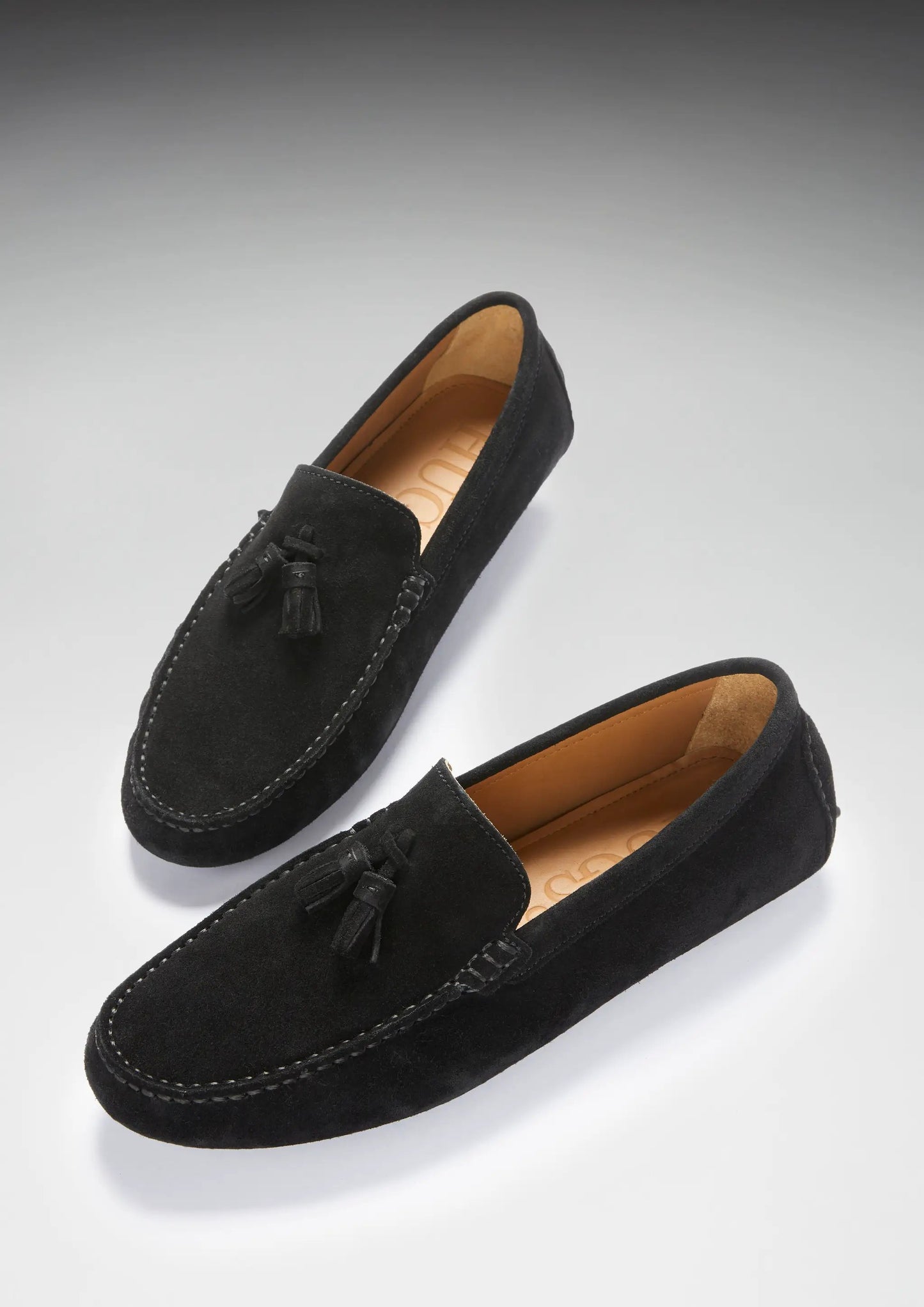 Tasselled Driving Loafers, black suede by Hugs & Co.