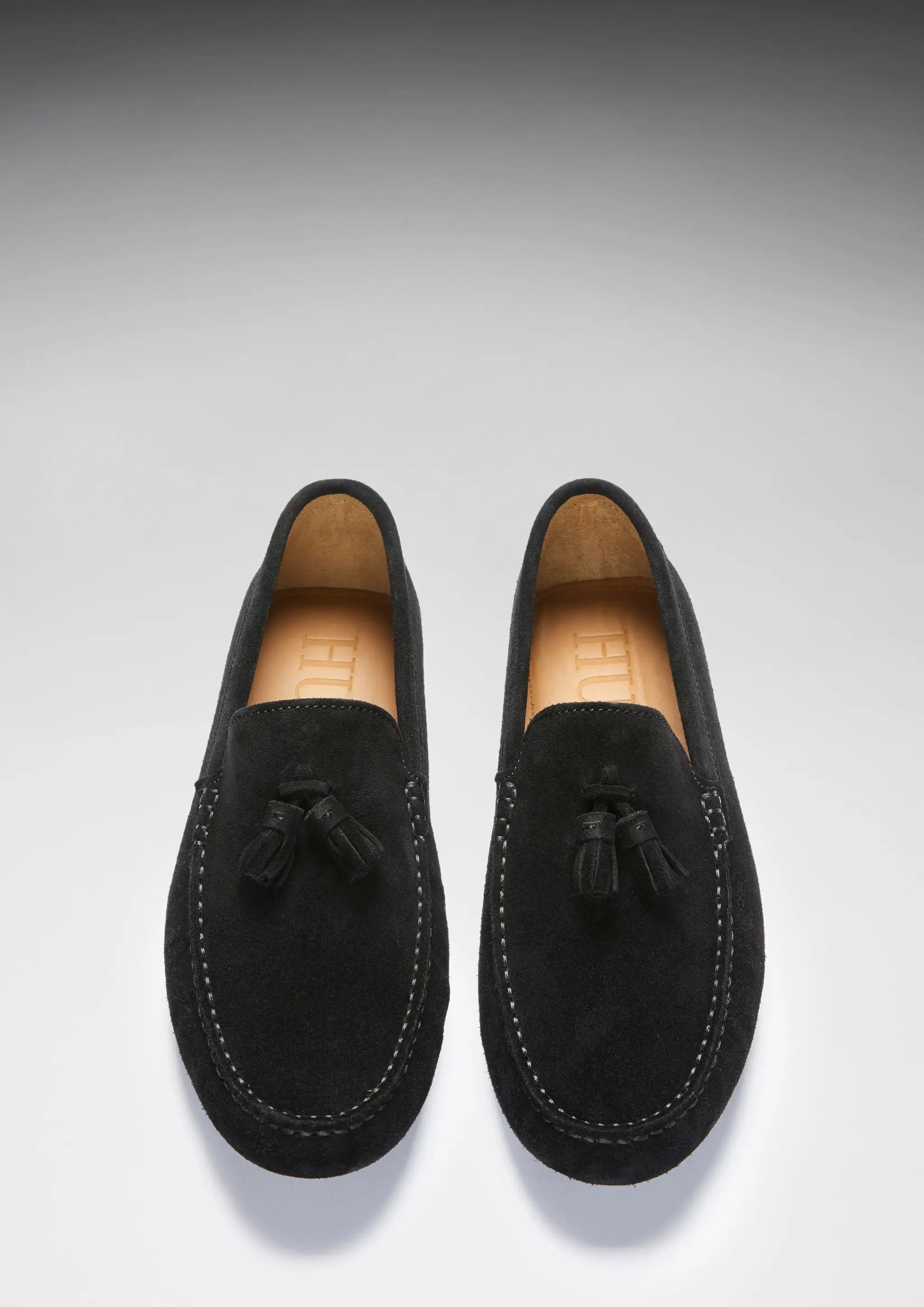 Tasselled Driving Loafers, black suede by Hugs & Co.