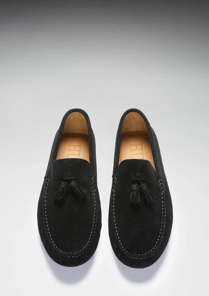 Tasselled Driving Loafers, black suede by Hugs & Co.