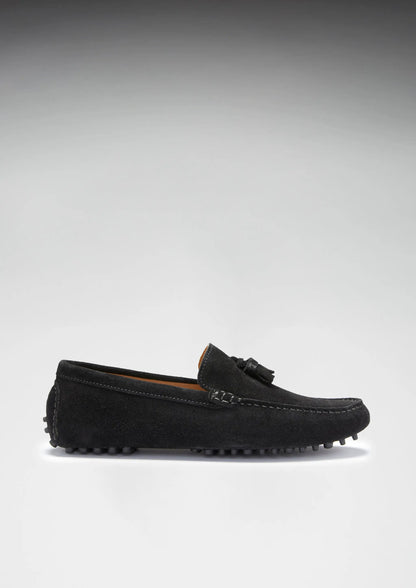 Tasselled Driving Loafers, black suede by Hugs & Co.