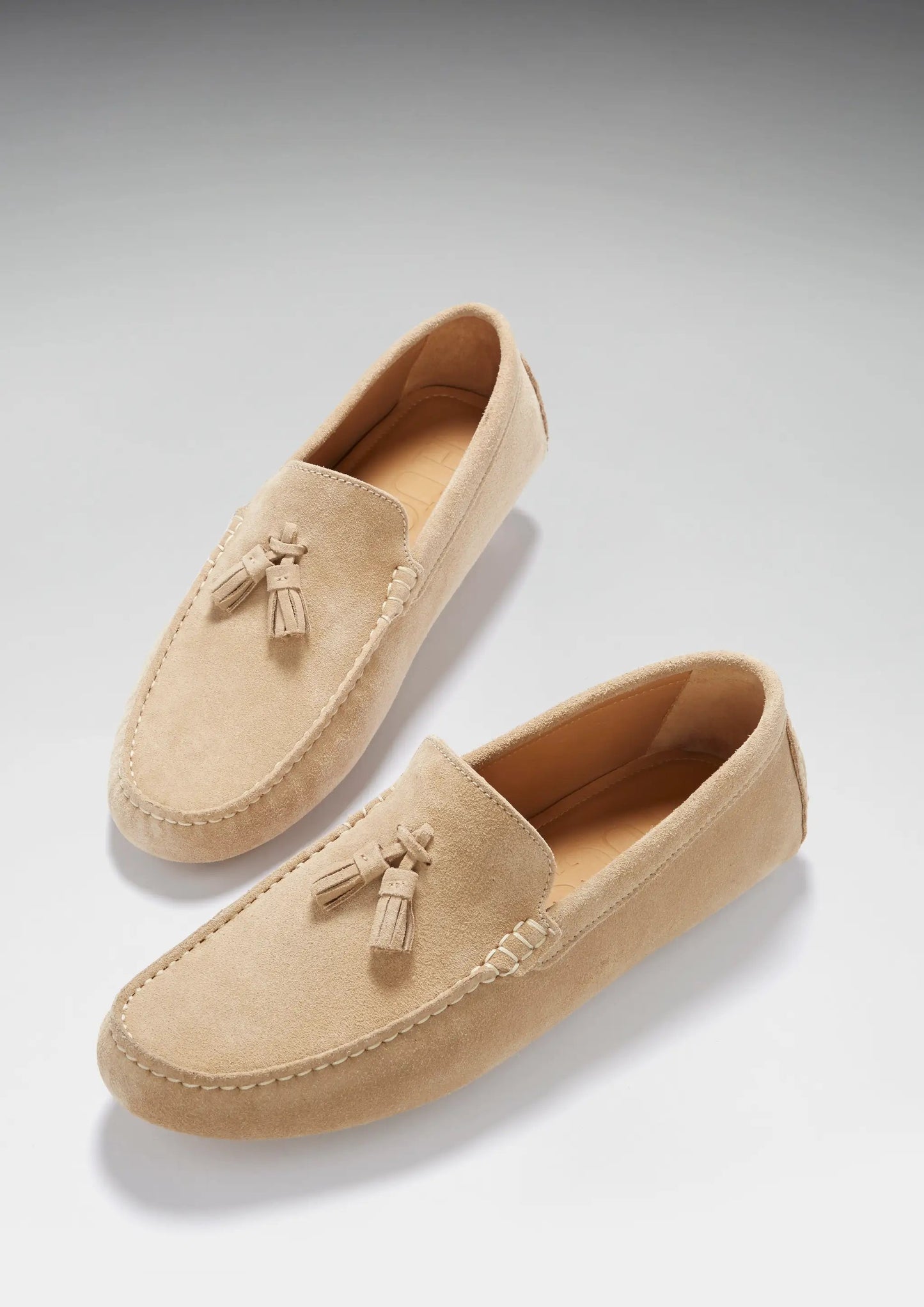 Tasselled Driving Loafers, taupe suede by Hugs & Co.