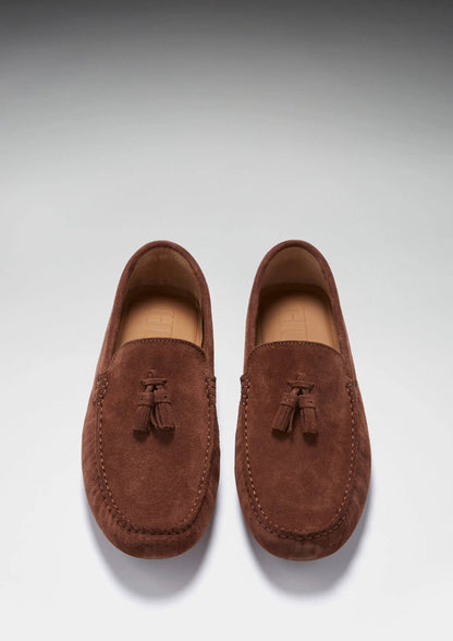 Tasselled Driving Loafers, mahogany brown suede by Hugs & Co.