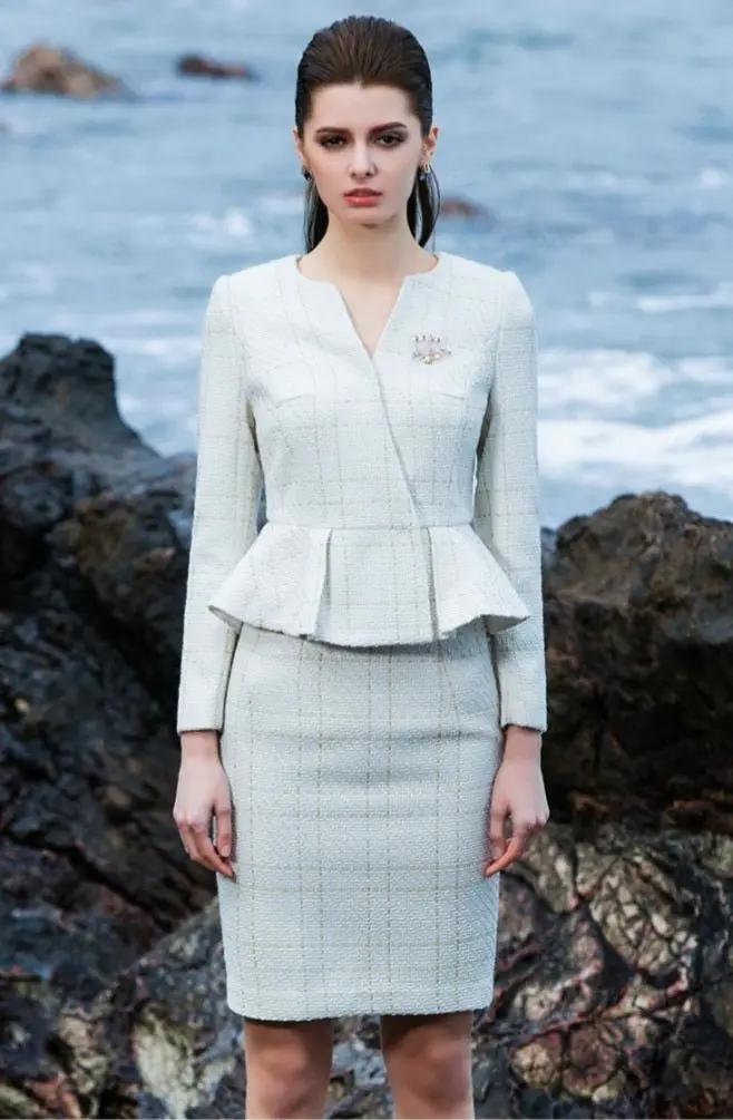 The pleated-peplum plaid tweed skirt suit (UK size 14) by EDKAY COLLECTION UK