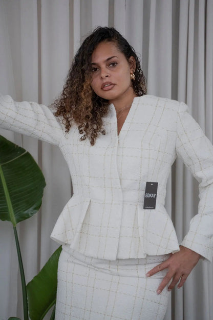 The pleated-peplum plaid tweed skirt suit (UK size 14) by EDKAY COLLECTION UK