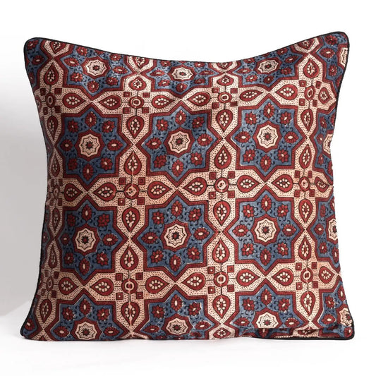 Ajrakh Hand-block Print Star Flower Cushion Cover - Blue Off-White by SVEZElife