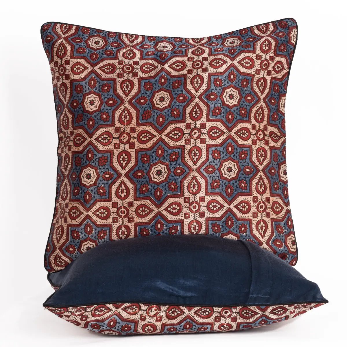 Ajrakh Hand-block Print Star Flower Cushion Cover - Blue Off-White by SVEZElife