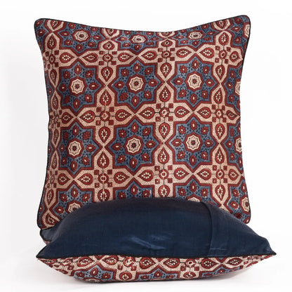Ajrakh Hand-block Print Star Flower Cushion Cover - Blue Off-White by SVEZElife