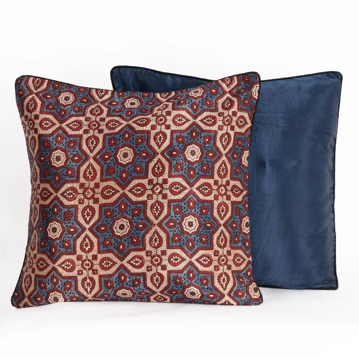 Ajrakh Hand-block Print Star Flower Cushion Cover - Blue Off-White by SVEZElife