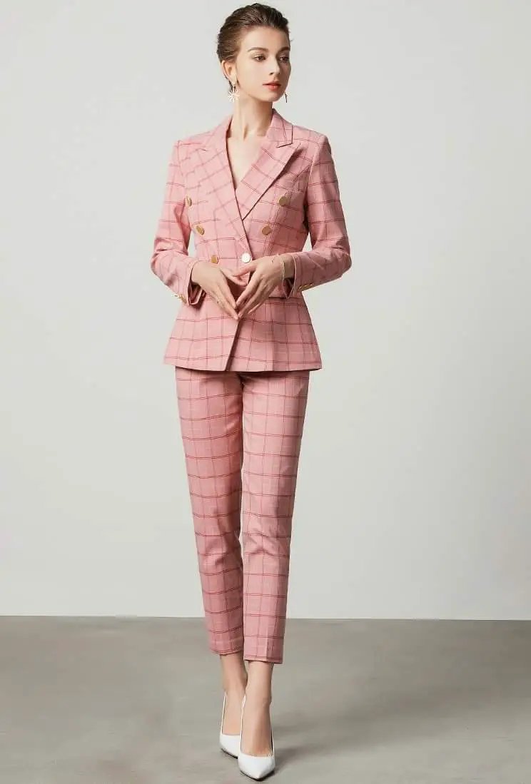 Pink plaid 2-piece double breasted pants suit (UK size 14) by EDKAY COLLECTION UK