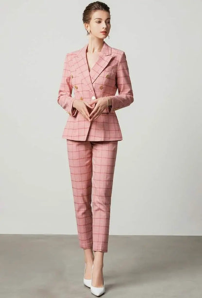Pink plaid 2-piece double breasted pants suit (UK size 14) by EDKAY COLLECTION UK