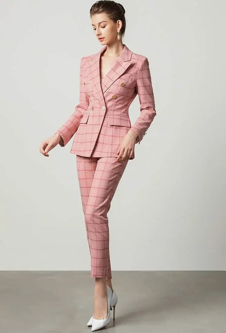 Pink plaid 2-piece double breasted pants suit (UK size 14) by EDKAY COLLECTION UK