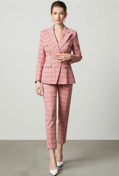 Pink plaid 2-piece double breasted pants suit (UK size 14) by EDKAY COLLECTION UK