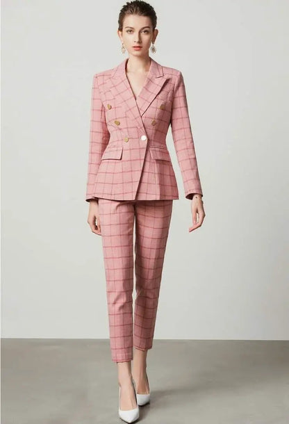Pink plaid 2-piece double breasted pants suit (UK size 14) by EDKAY COLLECTION UK