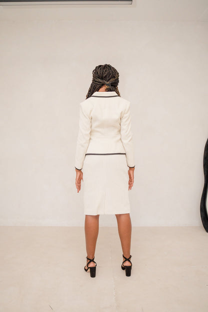 The Beige Piped Peplum Tweed Skirt Suit