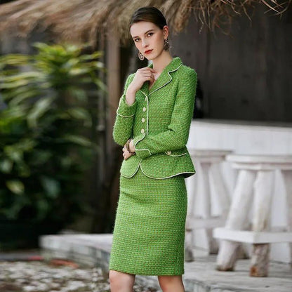 The pear-piped tweed skirt suit by EDKAY COLLECTION UK