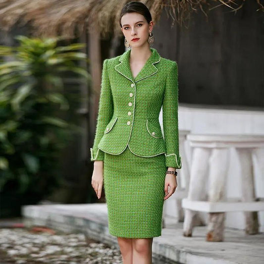 The pear-piped tweed skirt suit by EDKAY COLLECTION UK