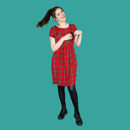 The Knee Length Breastfeeding Dress - Red Tartan Cotton by Stylish Mum