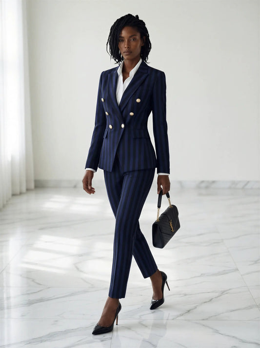 Navy stripped 2-piece pants suit (UK size 6) by EDKAY COLLECTION UK