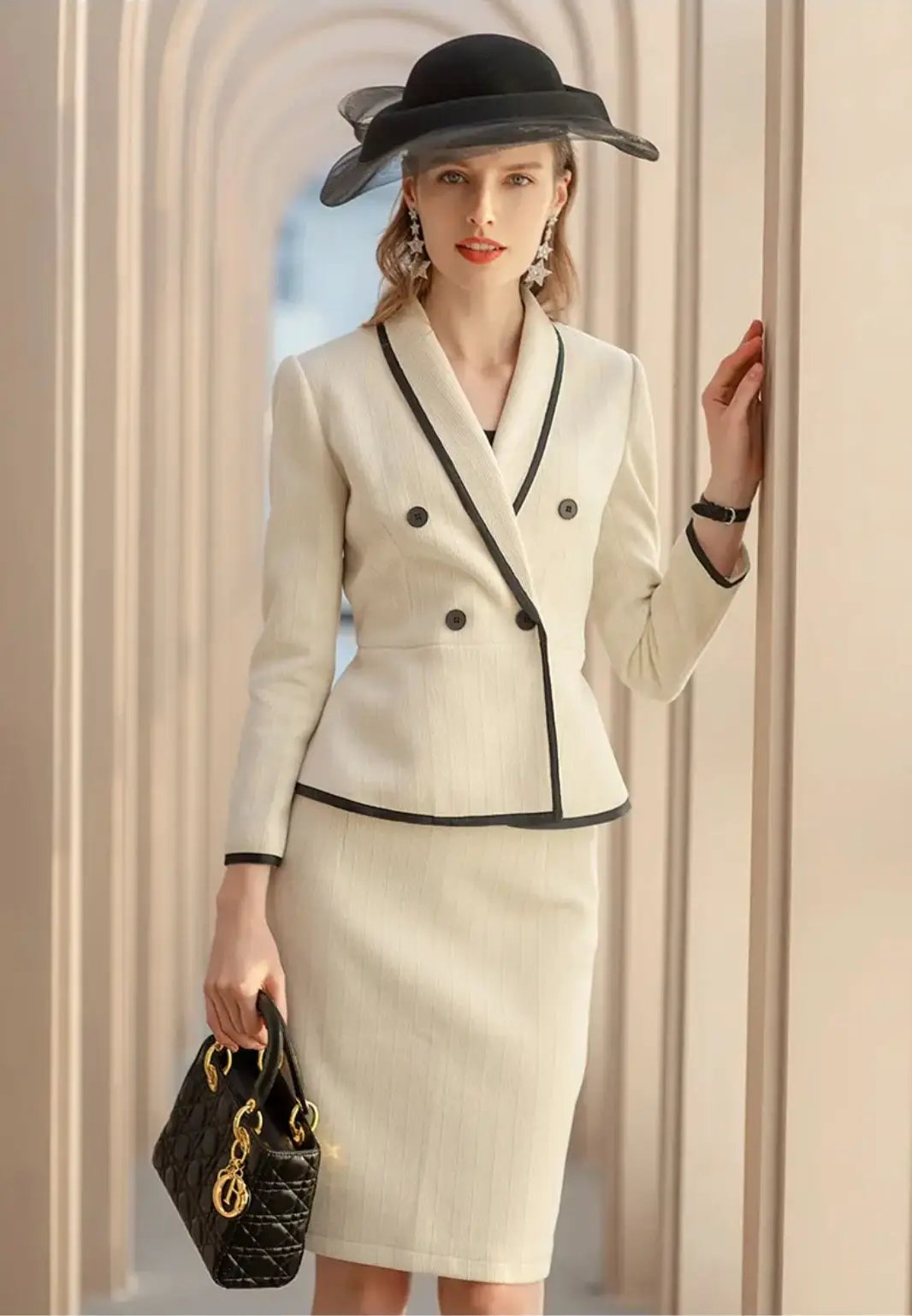 The beige piped peplum tweed skirt suit by EDKAY COLLECTION UK