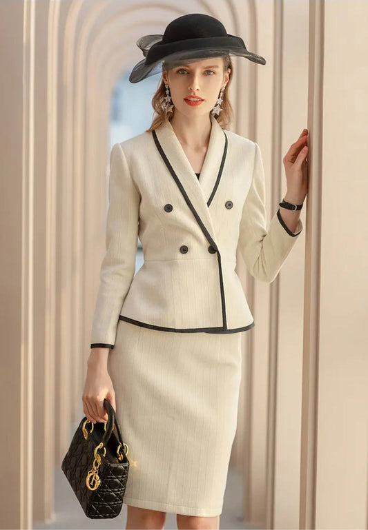 The Beige Piped Peplum Tweed Skirt Suit