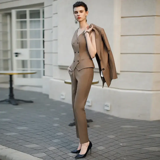 The coffee brown 3-piece midi pantsuit (UK size 12) by EDKAY COLLECTION UK