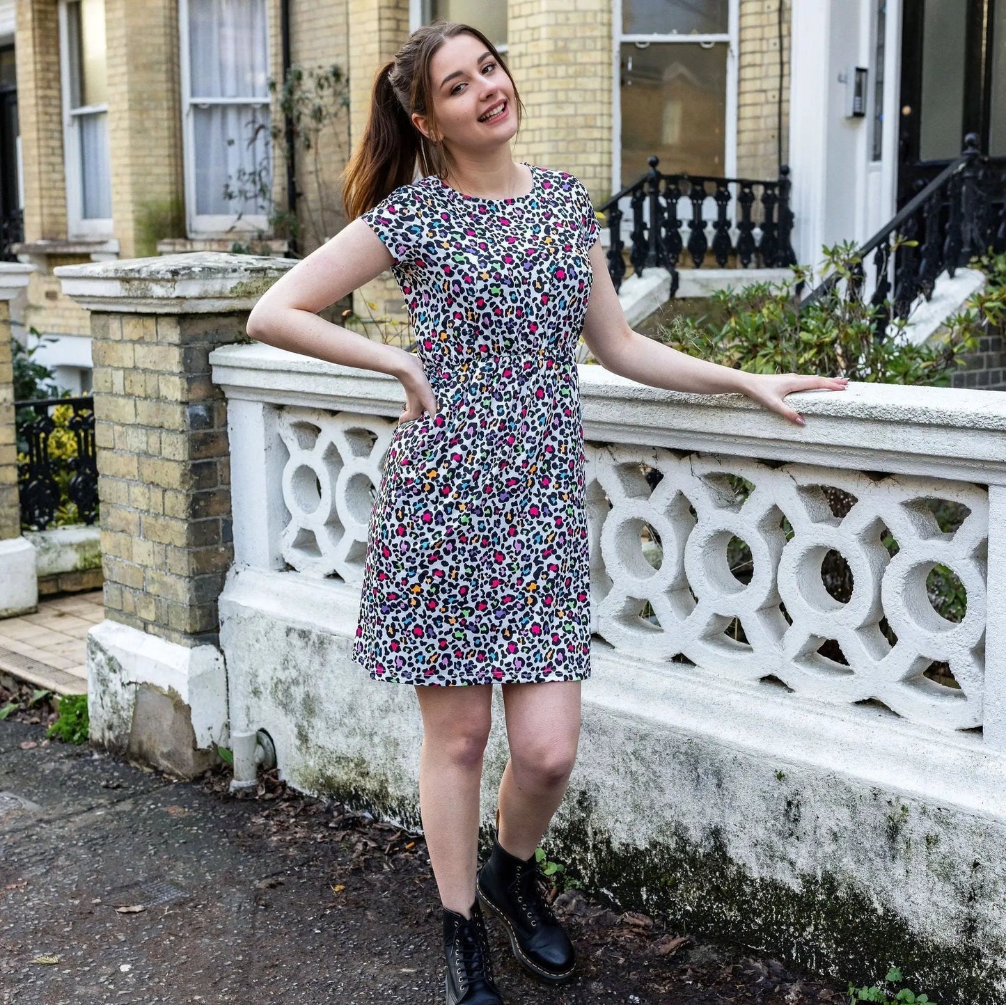 The Knee Length Breastfeeding Dress - Ruby Rainbow Leopard by Stylish Mum