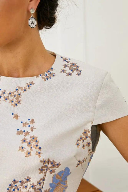 Silver floral jacquard short cape sleeves mother of the bride dress by EDKAY COLLECTION UK