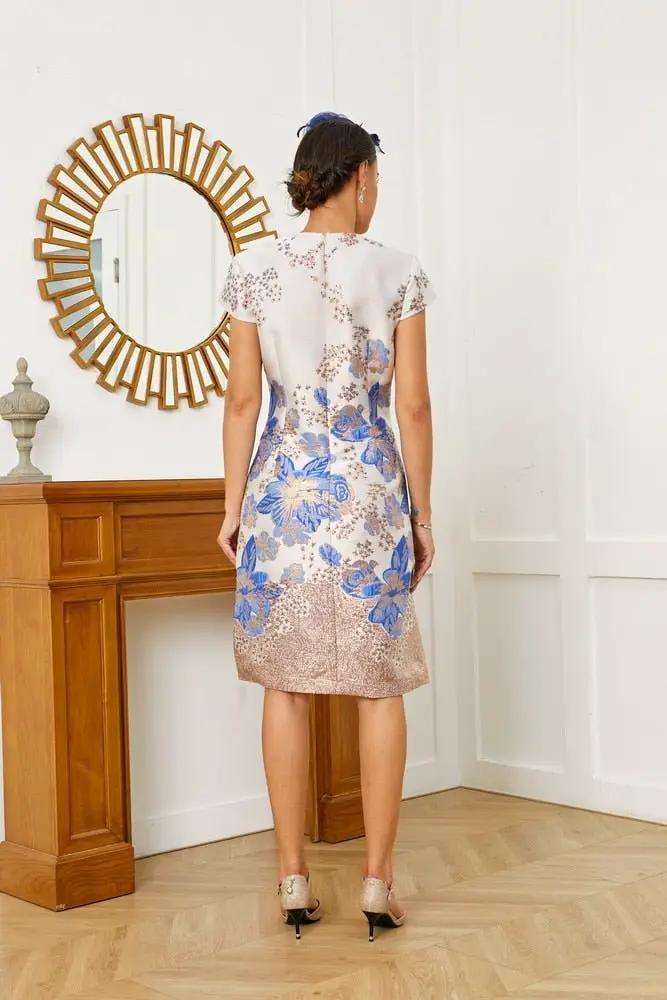 Silver floral jacquard short cape sleeves mother of the bride dress by EDKAY COLLECTION UK